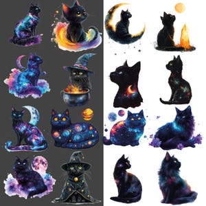 Svart katt Clipart i akvarellstil: Rymdkattunge i PNG-format (digital nedladdning) bild 5