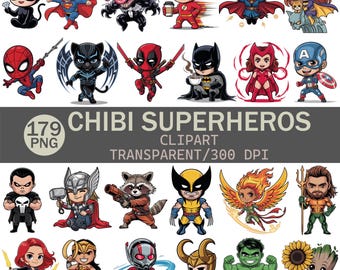 Chibi Superheroes Clipart Mega Pack – 179 Adorable Characters | 3125 × 3125 px, 300 DPI, Transparent PNG | Commercial & Personal Use