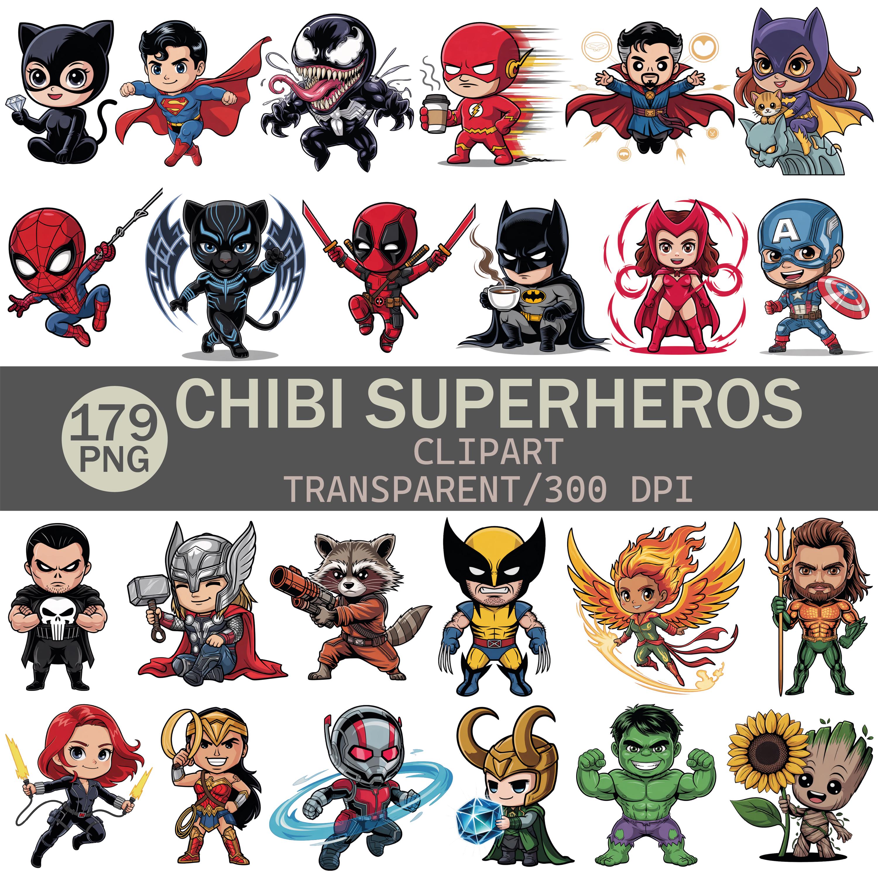 Mega Pack de Clipart de Superhéroes Chibi – 179 héroes y villanos adorables en PNG | 3125x3125, 300 DPI, Transparente, Uso comercial