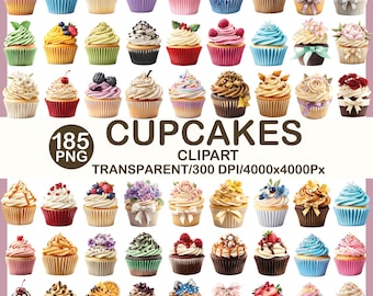 Watercolor Cupcake Clipart Set, Bakery Illustrations (185 PNG)