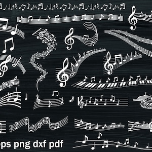 Könnte beinhalten: Eine Sammlung weißer Noten, Notenschlüssel und Notenlinien auf schwarzem Hintergrund. Das Bild enthält verschiedene Anordnungen von musikalischen Elementen, darunter eine Klaviatur und fließende Musiklinien. Der Text "svg eps png dxf pdf" befindet sich unten.