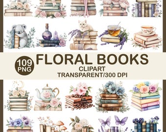 Floral Book Stack Clipart | Watercolor Flower PNG Bundle