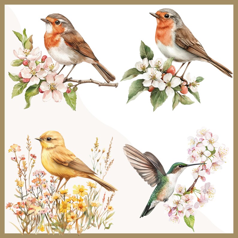 May include: Watercolor illustration featuring four birds: two robins with red breasts perched on flowering branches, a yellow bird amidst wildflowers, and a hummingbird near blossoms. The artwork has a soft, natural aesthetic.