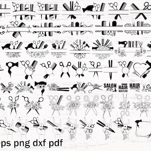 以下が含まれることがあります： ハサミ、くし、ヘアドライヤーなど、美容師の道具を描いた白黒のベクターグラフィックのコレクション。一部のデザインには、花柄や「Salon Life」などのテキストが含まれています。形式：SVG、EPS、PNG、DXF。