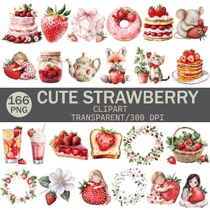 Cute Strawberry Clipart Bundle | 166 PNG Files | Watercolor Fruit Illustrations | Transparent Background | 300 DPI | 3125x3125 px