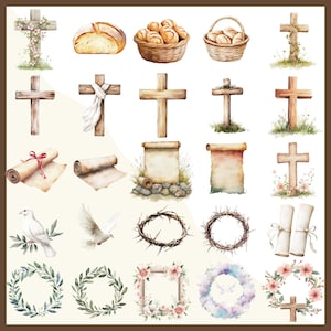 Pode incluir: Ilustra&ccedil;&otilde;es em aquarela de s&iacute;mbolos e elementos religiosos. A imagem inclui v&aacute;rias cruzes de madeira, p&atilde;o, cestas, pergaminhos, pombas, uma coroa de espinhos e grinaldas florais. A obra de arte tem uma paleta de cores suaves e pastel.
