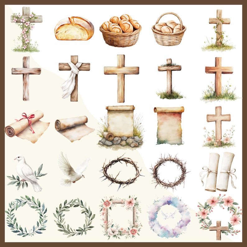 Pode incluir: Ilustra&ccedil;&otilde;es em aquarela de s&iacute;mbolos e elementos religiosos. A imagem inclui v&aacute;rias cruzes de madeira, p&atilde;o, cestas, pergaminhos, pombas, uma coroa de espinhos e grinaldas florais. A obra de arte tem uma paleta de cores suaves e pastel.