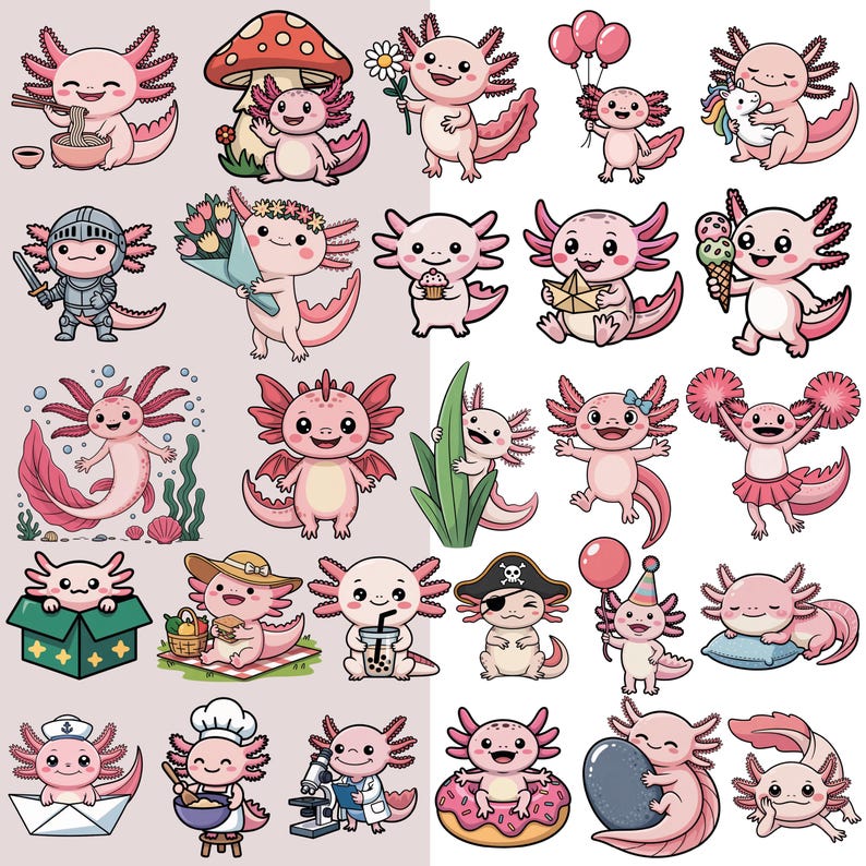 Pode incluir: Uma cole&ccedil;&atilde;o de ilustra&ccedil;&otilde;es de desenhos animados de axolotls rosa em v&aacute;rias poses e com diferentes acess&oacute;rios. Alguns axolotls est&atilde;o segurando itens como flores, bal&otilde;es e cupcakes. Outros est&atilde;o vestidos como um cavaleiro, um chef e um pirata.