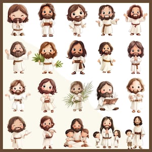 Pode incluir: Uma cole&ccedil;&atilde;o de ilustra&ccedil;&otilde;es de desenhos animados de Jesus em v&aacute;rias poses. Cada figura tem cabelo castanho e barba, vestindo uma t&uacute;nica branca com uma faixa marrom. Algumas figuras seguram objetos como um cordeiro, um livro ou folhas de palmeira.