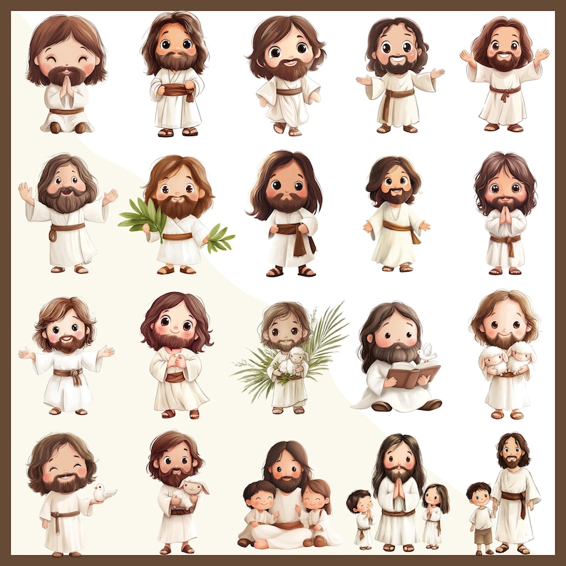 Pode incluir: Uma cole&ccedil;&atilde;o de ilustra&ccedil;&otilde;es de desenhos animados de Jesus em v&aacute;rias poses. Cada figura tem cabelo castanho e barba, vestindo uma t&uacute;nica branca com uma faixa marrom. Algumas figuras seguram objetos como um cordeiro, um livro ou folhas de palmeira.