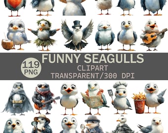 Lustiges Möwen Clipart Bundle: 119 skurrile PNG Illustrationen