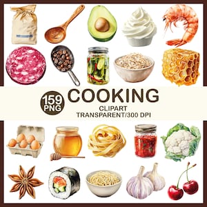 May include: A selection of watercolour illustrations depicting cooking ingredients and elements. Includes a bag of flour, avocado, shrimp, salami, coffee beans, pickles, oatmeal, honeycomb, eggs, honey, pasta, sauce, cauliflower, star anise, sushi, noodles, garlic, and cherries. The text "COOKING" is also present.