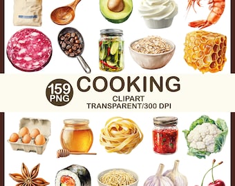 May include: A collection of watercolor illustrations featuring various cooking ingredients and elements. Includes a bag of flour, avocado, shrimp, salami, coffee beans, pickles, oatmeal, honeycomb, eggs, honey, pasta, sauce, cauliflower, star anise, sushi, noodles, garlic, and cherries. The text "COOKING" is also present.
