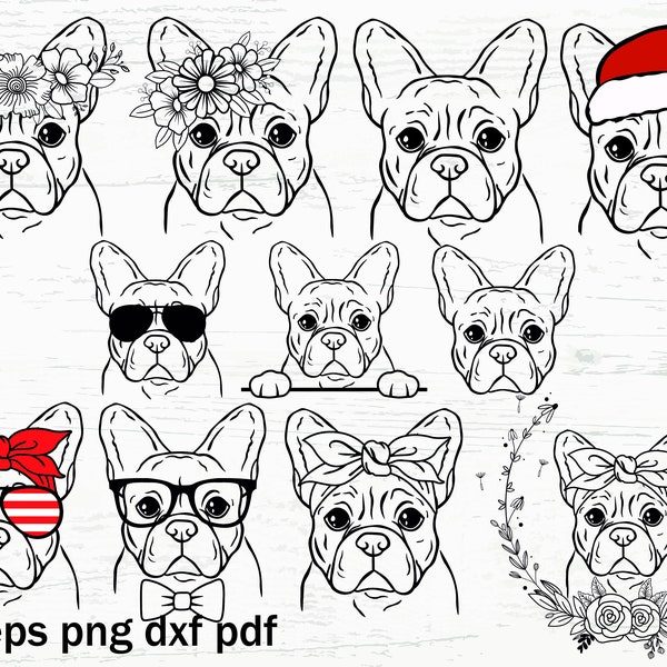 Frenchie svg file, Dog svg file, French bulldog svg, Animal Face svg,  Frenchie with Glasses svg, Dog with Flower Crown SVG, Dog svg