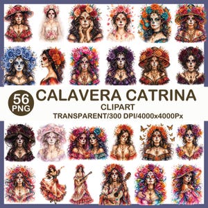 Könnte beinhalten: Eine Sammlung von 20 Aquarellillustrationen von Calavera Catrina-Figuren, jede mit aufwendigen Blumenhauben und Gesichtsbemalung. Die Bilder sind im PNG-Format, mit dem Text "CALAVERA CATRINA CLIPART" und "56 PNG" sichtbar.