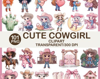 Cute Cowgirl Clipart Bundle, Western Girls & Animals (Digital Download)
