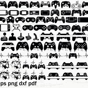May include: A collection of 60 black and white vector graphics of video game controllers, joysticks, and game consoles. The graphics are in a variety of styles, including simple outlines, detailed illustrations, and pixel art.