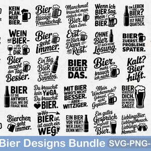 Op de afbeelding: Een verzameling van 35 zwart-witte ontwerpen met bierthema. Elk ontwerp bevat een unieke zin of uitspraak over bier, zoals "Bier is het antwoord" en "Bier is altijd een goed idee". De ontwerpen zijn beschikbaar in SVG, PNG en PDF.