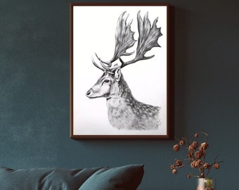 Deer Drawing Giclée Print Fallow Deer Portrait Realistic Art Fine Art Print Animal Art Print Wildlife Art Gift for her Deer Wall Decor