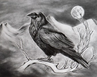 ORIGINAL Raven Art handmade graphite drawing Realistic Wall Art Animal Art Decoration Gift for Birdlover Gift for her Black Raven drawing