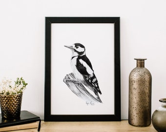 Woodpecker Bird Art ORIGINAL Drawing Fine Art Graphite bird drawing Realistic Art Wall Art Wall decor Animal Art Gift for Birdlover A5 size