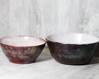 Set of 2 Ceramic bowls (500ml and 1000ml) - Dark brown and white - Unique Pottery dishes - Soup deep plates  - Handmade - Made in Ukraine