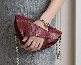 Dark Red Leather Half Moon Clutch & Crossbody, Unique Strap, Italian Leather, Convertible Occasion Purse, Anniversary, Birthday Gift For Her