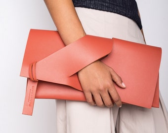 Leather Evening Clutch Bag, Orange + Colors, Unique Strap, Wedding Guest Purse, Personalized Birthday,  Graduation Gift