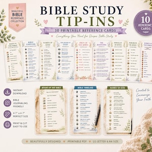 Puede incluir: Una colección de diez tarjetas de referencia imprimibles para el estudio bíblico que incluyen temas como libros de la Biblia, cronología bíblica, nombres de Dios, armadura de Dios, fruto del Espíritu, bienaventuranzas, milagros y parábolas de Jesús, mujeres de la Biblia y métodos de estudio.