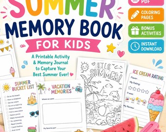 May include: A colorful summer-themed activity book for kids, featuring the text "SUMMER MEMORY BOOK FOR KIDS." The image includes printable PDF, coloring pages, and bonus activities. There's a beach ball, starfish, watermelon, and ice cream.