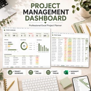 Puede incluir: Una plantilla de panel de gestión de proyectos digital para Microsoft Excel, que incluye un panel de control, seguimiento de tareas y cronograma de Gantt. La interfaz muestra visualizaciones de datos, gráficos de progreso y listas de tareas.