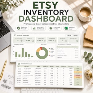 May include: An Etsy inventory dashboard displayed on a screen, featuring a professional Excel spreadsheet for sellers. The interface includes data tables, bar charts, and pie charts tracking active products, inventory units, value, and revenue.