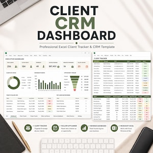May include: A digital Client CRM Dashboard template for Microsoft Excel displayed on two screens. The interface features an executive dashboard with charts, a client tracker table, and navigation tabs. Text includes CLIENT CRM DASHBOARD.