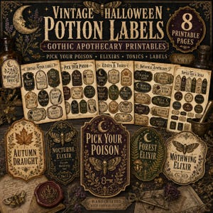May include: A collection of vintage Halloween potion labels and gothic apothecary printables featuring 8 printable pages. The designs include various decorative shapes with text such as Pick Your Poison, Autumn Draught, Nocturne Elixir, Forest Elixir, and Mothwing Elixir, adorned with moth, moon, and botanical illustrations.