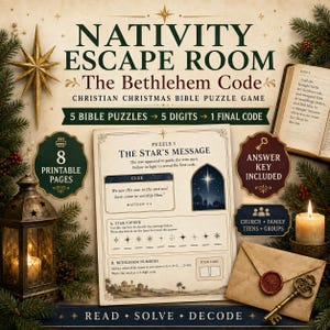 Puede incluir: Un juego de escape de la Natividad titulado The Bethlehem Code, que incluye 5 acertijos bíblicos, 8 páginas imprimibles y una clave de respuestas. El diseño presenta una estrella dorada, una linterna, una vela, un sobre, una llave y un libro abierto.