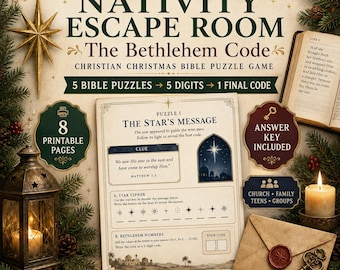 May include: A Nativity Escape Room game titled The Bethlehem Code, featuring 5 Bible puzzles, 8 printable pages, and an answer key. The design includes a gold star, a lantern, a candle, an envelope, a key, and an open book on a festive background.