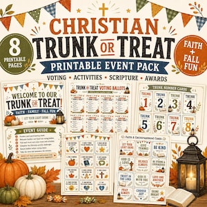 May include: A Christian Trunk or Treat printable event pack featuring 8 pages of voting ballots, trunk number cards, activity sheets, and faith-based encouragement cards. The design includes autumn-themed graphics like pumpkins and bunting.