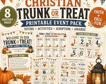 May include: A Christian Trunk or Treat printable event pack featuring 8 pages of voting ballots, trunk number cards, activity sheets, and faith-based encouragement cards. The design includes autumn-themed graphics like pumpkins and bunting.