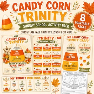Könnte beinhalten: Ein digitales Aktivitätspaket mit dem Titel Candy Corn Trinity, das acht druckbare Seiten für die Sonntagsschule enthält. Das Set umfasst passende Karten, ein Bastelblatt, ein Minibuch und ein Arbeitsblatt, verziert mit Herbstblättern und Candy-Corn-Grafiken.