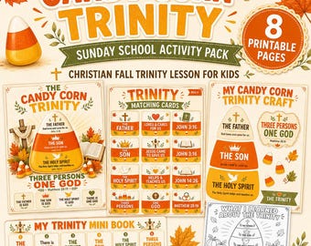 May include: A digital activity pack titled Candy Corn Trinity featuring eight printable pages for Sunday school. The set includes matching cards, a craft sheet, a mini book, and a worksheet, all decorated with autumn leaves and candy corn graphics.