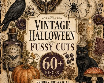 Peut inclure: Une collection de découpages sur le thème d'Halloween vintage comprenant un corbeau noir, un papillon de nuit, une araignée, un croissant de lune, une citrouille, un chat noir, une bougie, une clé et une bouteille étiquetée Elixir No. 13 avec le texte Vintage Halloween Fussy Cuts 60+ Pieces.