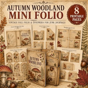 May include: A set of 8 printable pages for an Autumn Woodland mini folio, featuring vintage-style ephemera, tags, pockets, and journal cards with mushroom and leaf illustrations. The text reads Autumn Woodland Mini Folio and 8 Printable Pages.