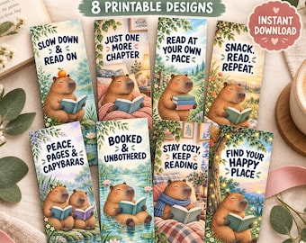 Peut inclure: Huit marque-pages rectangulaires illustrés de capybaras lisant des livres dans divers décors. Chaque marque-page comporte du texte tel que Slow Down & Read On, Just One More Chapter, Read At Your Own Pace, Snack. Read. Repeat., Peace, Pages & Capybaras, Booked & Unbothered, Stay Cozy, Keep Reading et Find Your Happy Place.