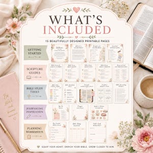 May include: A digital printable set featuring 15 pages for Bible study and journaling. The document includes sections for getting started, scripture guides, study tools, inspiration, and planning worksheets, all decorated with floral accents.