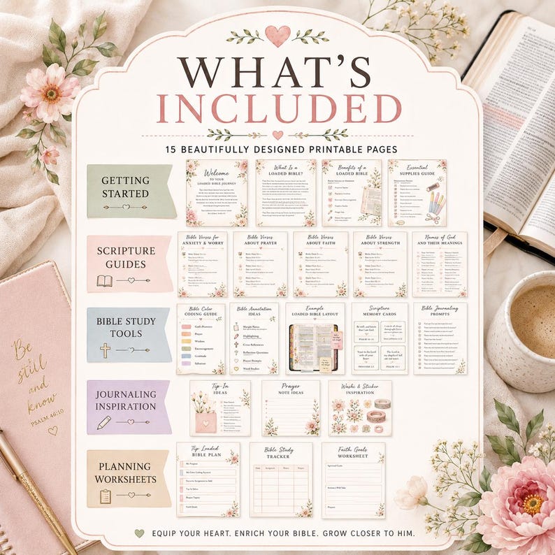 May include: A digital printable set featuring 15 pages for Bible study and journaling. The document includes sections for getting started, scripture guides, study tools, inspiration, and planning worksheets, all decorated with floral accents.