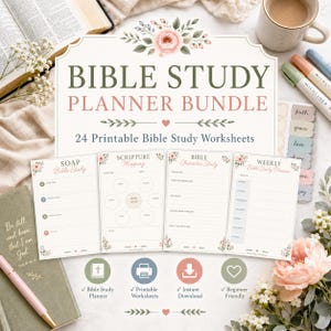 Bible Study Planner Bundle | 24 Bible Study Worksheets Printable PDF | SOAP Study, Scripture Mapping, Prayer Journal & Notes