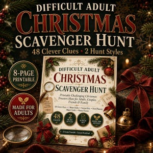 Puede incluir: Un juego de búsqueda del tesoro navideño para adultos con 48 pistas y 2 estilos de juego. El set incluye un documento de 8 páginas con clave de respuestas, planificador y tarjetas en blanco, presentado con gráficos festivos y texto.