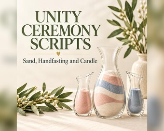 May include: Three clear glass carafes filled with layered pink, blue, and white sand. The text reads UNITY CEREMONY SCRIPTS Sand, Handfasting and Candle. The arrangement includes green olive branches and a textured white vase.