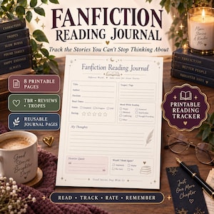 May include: A printable fanfiction reading journal page featuring sections for title, author, fandom, tropes, read dates, mood, rating, and thoughts. The document includes text headers like Fanfiction Reading Journal and checkboxes for tracking reading progress and emotional responses.