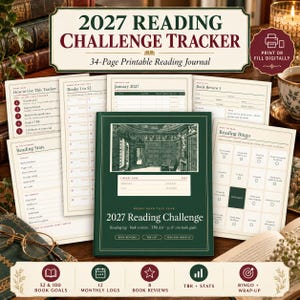 May include: A 34-page printable 2027 reading challenge tracker journal featuring a dark green cover with a library illustration. The set includes various pages for tracking books, monthly logs, book reviews, reading stats, and a reading bingo game.